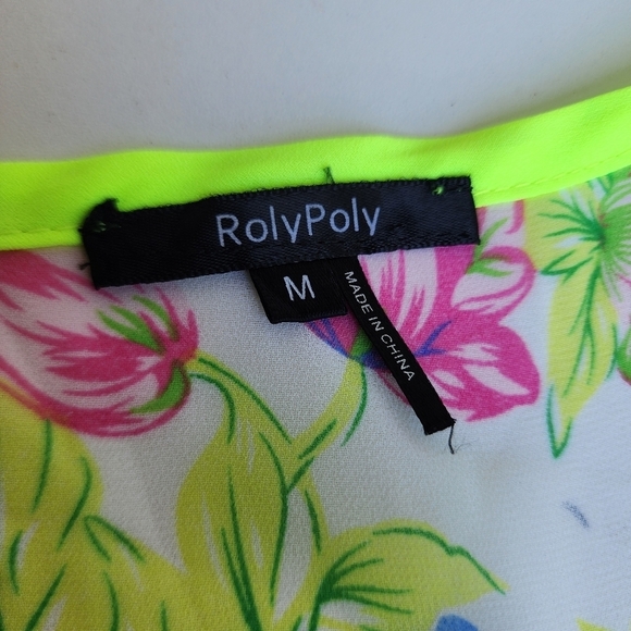 Poly Poly Yellow Floral Zip Sheer Blouse Retro Bright Boho Chic Sz M - Picture 8 of 11